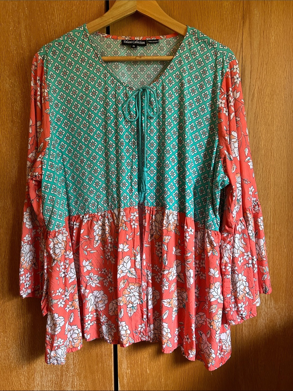 Tolani Teal and Coral Mixed-Print Peasant Tunic